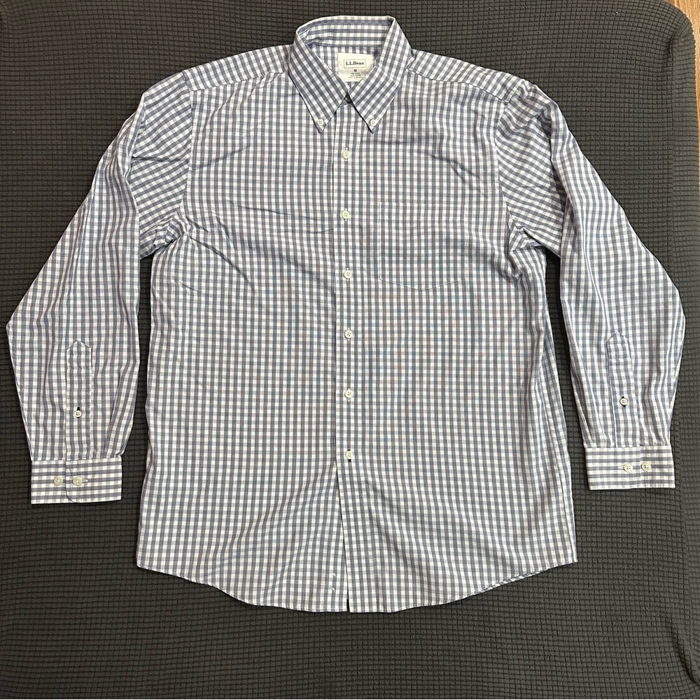 L.L. Bean Mens Medium Blue White Check Button Down Cotton Shirt